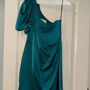 Sachin + Babi Teal One-Shoulder Satin Gown